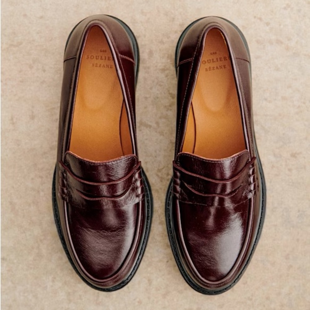 Sezane Albane Loafers Glossy Burgundy Shoes - Size 7